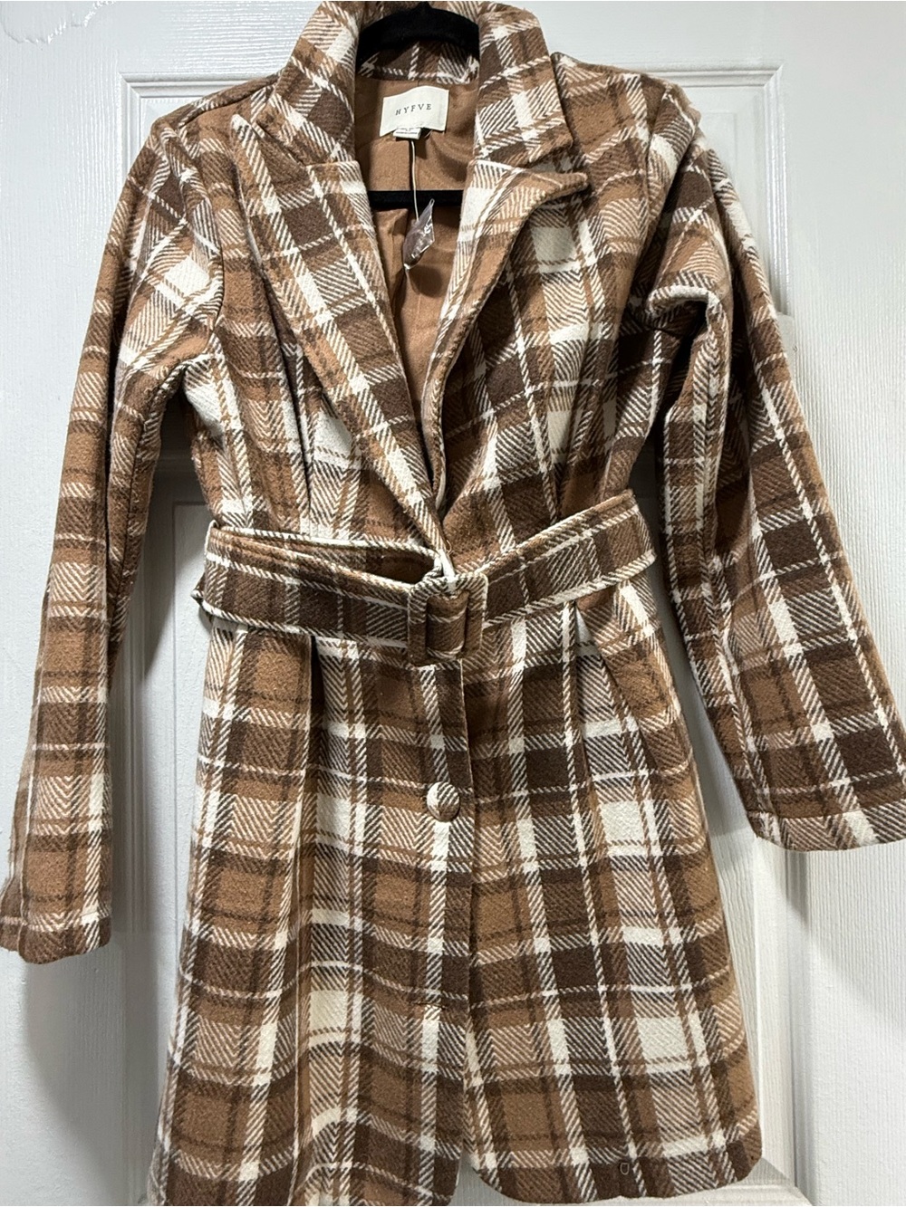 HYFVE Plaid Belted Long Coat Jacket Size Medium
NWOT Brown/Cream - Picture 1 of 3